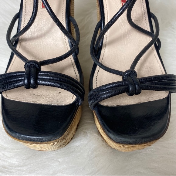 Prada Knotted Leather Wicker Platform Wedge Heels - Picture 9 of 14